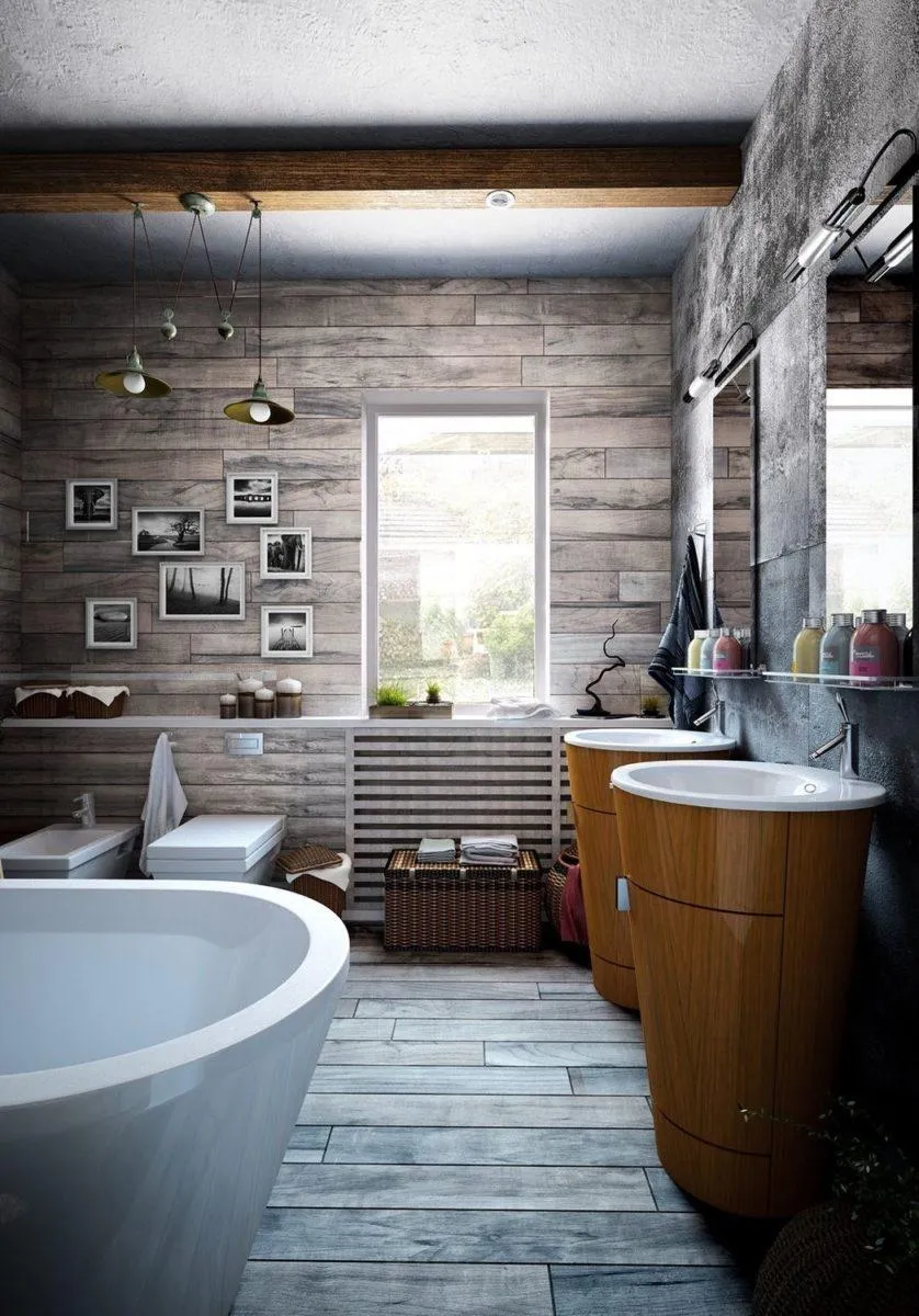 Деревянные потолочные балки в ванной Лофт 