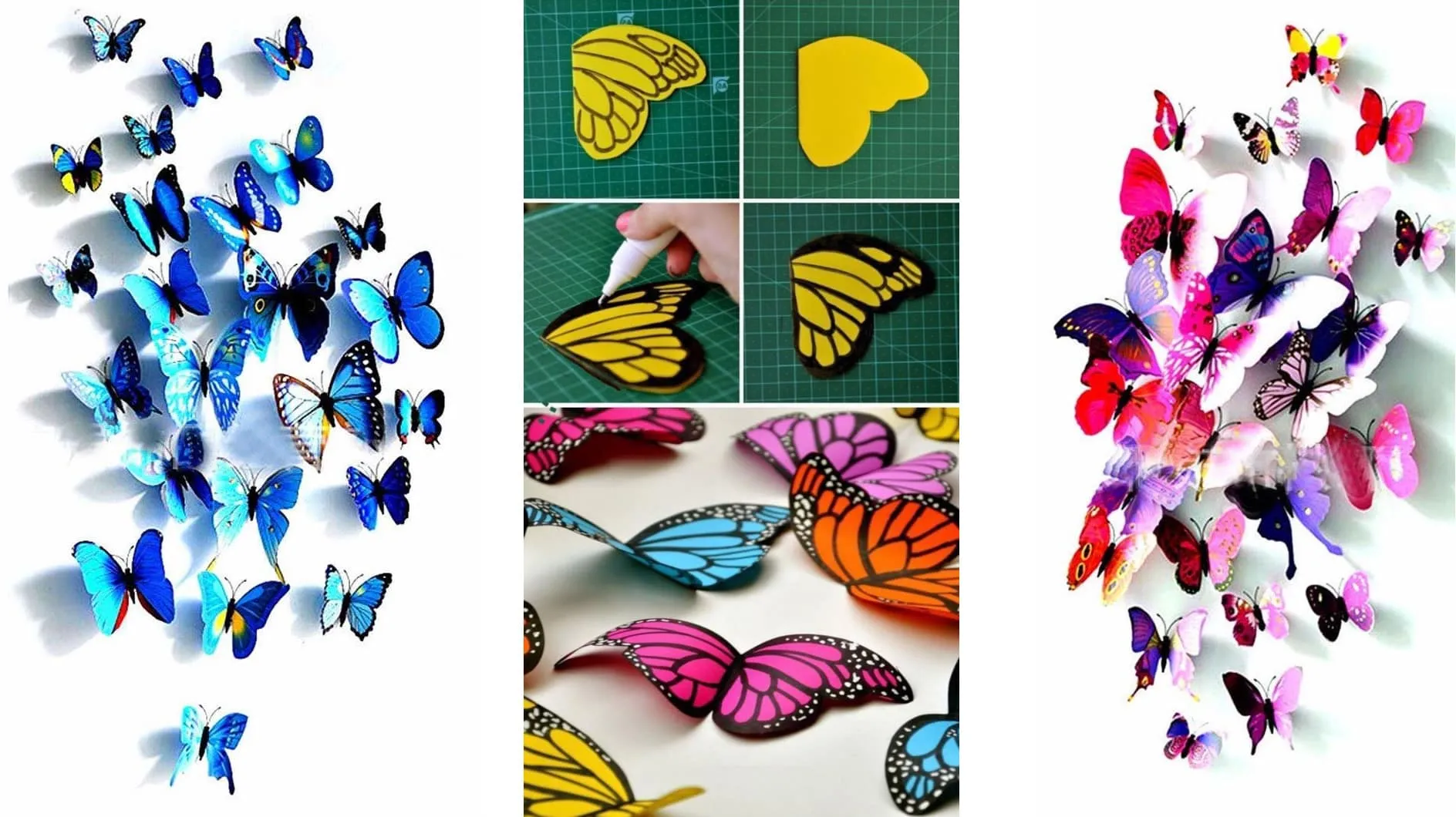 Объемную бабочку можно самостоятельно нарисовать и вырезать из цветной бумаги